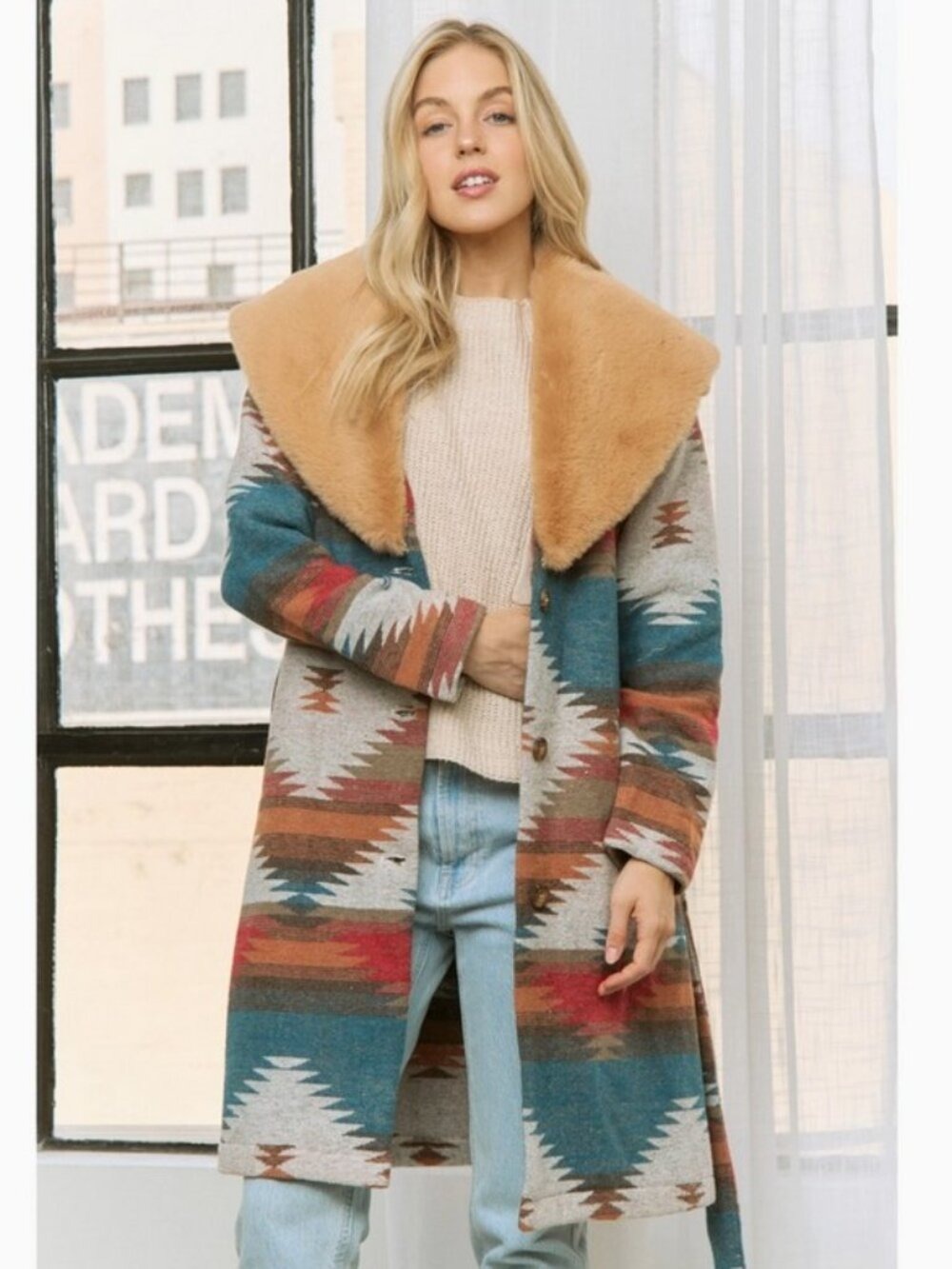 Aztec Jacket Shacket with Contrast Fur Showl Collar - Picture 2 of 13